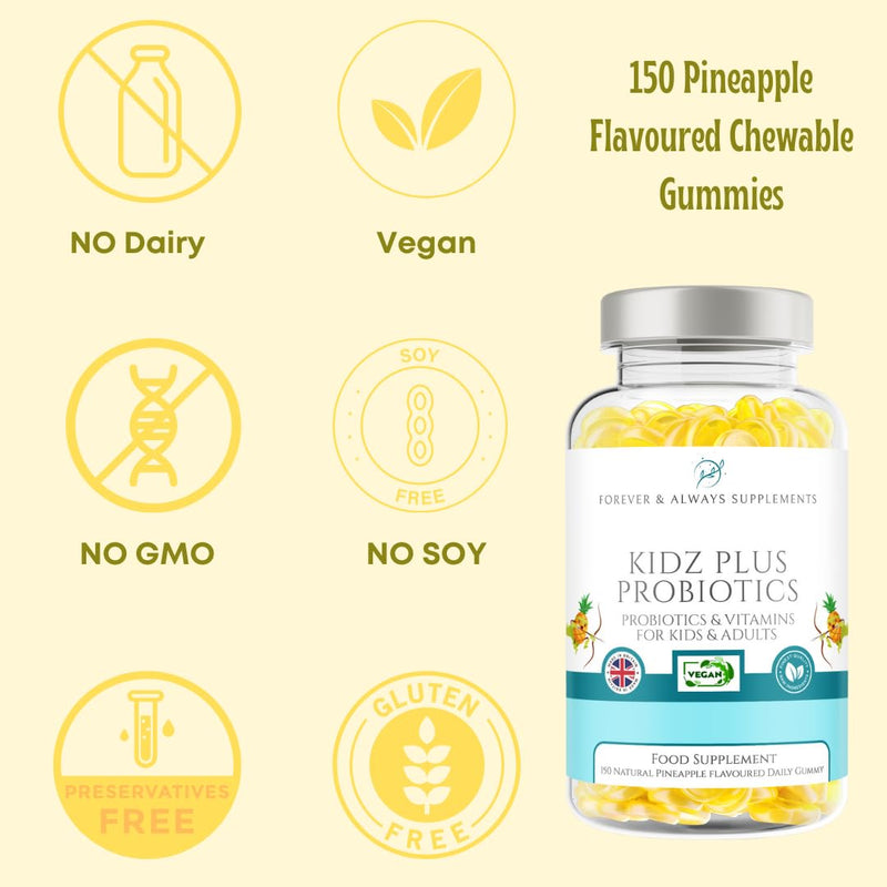 Probiotic Gummies for Kids & Adults - 150 x Natural Pineapple Flavoured Gummy Vitamins with Active Bacteria, Vitamin B3, B5, B6 & C - Immune System, Energy & Gut Health Support