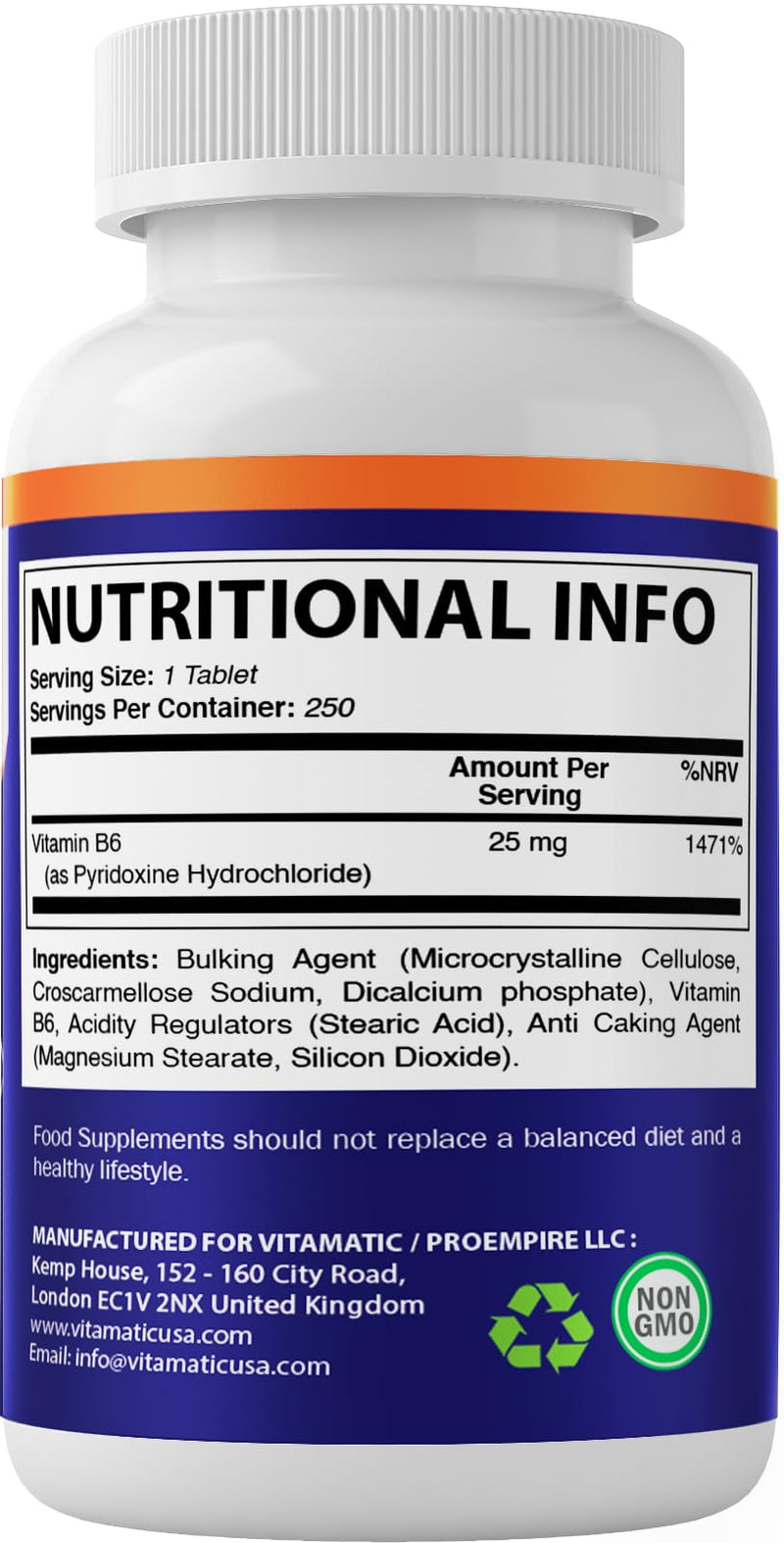 Vitamatic Vitamin B6 (Pyridoxine HCI), 25 mg 250 Vegetarian Tablets - Promotes Energy Production, boosts Metabolism and Immune Health Support