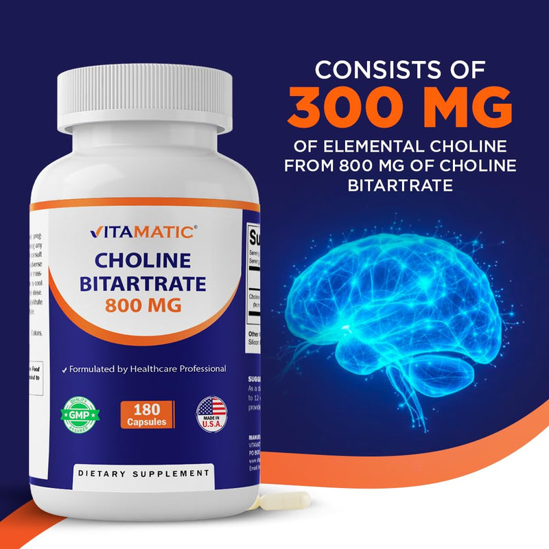 Vitamatic Choline Bitartrate 800 mg – 180 Vegetable Capsules – Non-GMO, Gluten Free – Made in USA