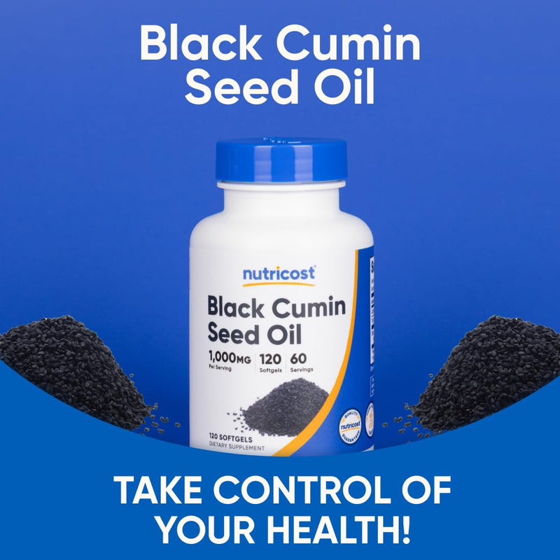 [Australia] - Nutricost Black Seed Oil (Cumin) - Cold Pressed, Source of Omega 3 6 9-120 Softgels, 1000mg Per Serving, 60 Servings - Non-GMO and Gluten Free 