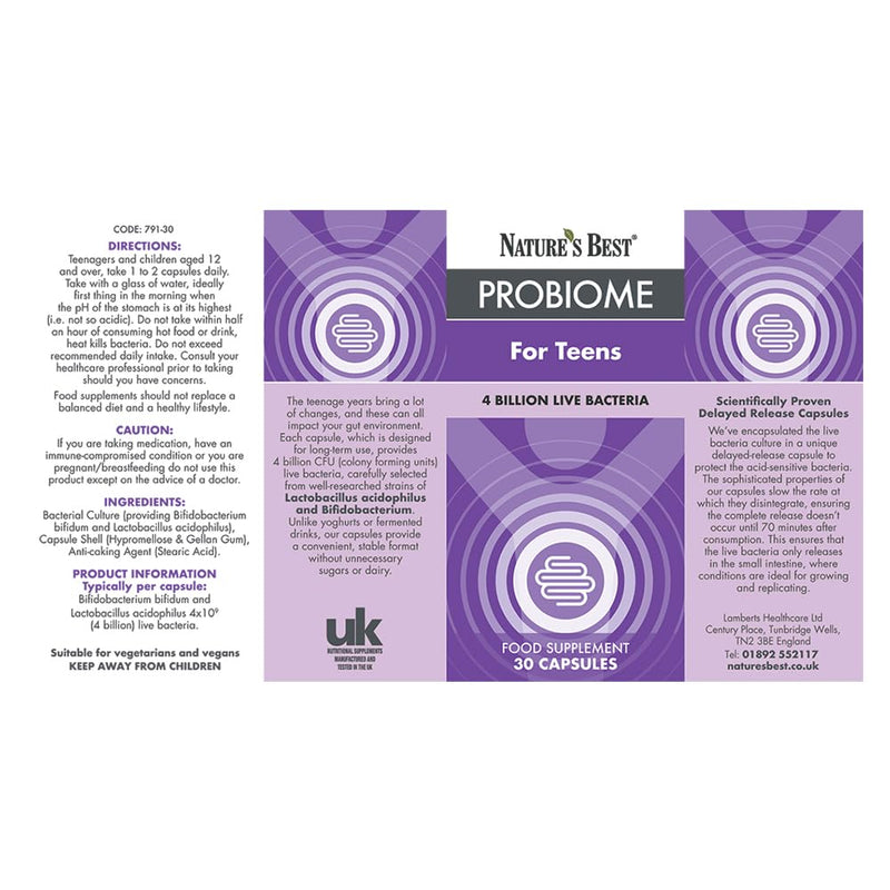 Nature’s Best ProBiome for Teens - 4 Billion Friendly Bacteria - Delayed Release Capsules - 30 Capsules (1 Month Supply)