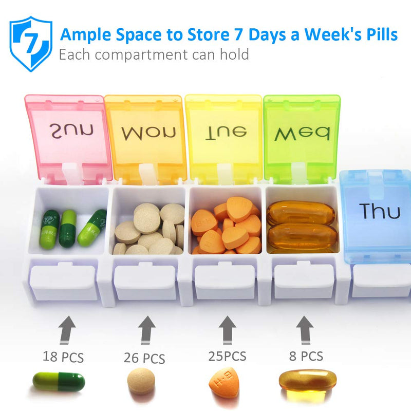 GOGOODA 2 Pack Weekly Pill Organizer Arthritis Friendly 7 Day Pill Holder | Travel Vitamin Container Organizer with Popup Open Design and Ample Space to Hold Vitamins, Fish Oil and Medication 2 Pcs