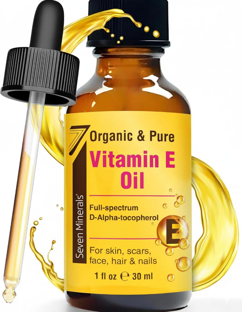 Seven Minerals Ultra Pure Vitamin E Oil - Full-Spectrum D-Alpha Tocopherol, 1 Fl Oz - 100% Organic Vitamin E Oil for Skin, Face, Hair, and Scars - Naturally Occurring = Not Synthetic 1 Fl Oz (Pack of 1)