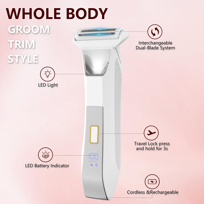 [Australia] - 2-in-1 Electric Bikini Trimmer for Women, Dual Head Shaver for Body & Pubic Hair, Painless Smooth, No-Nick Shaving, IPX7 Waterproof, Lightweight with Travel Lock, LED Display White 