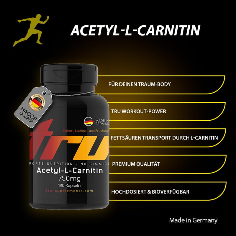 [Australia] - TRU Sports Nutrition | Acetyl-L-Carnitine - 120 capsules - 750mg Acetyl-L-Carnitine per capsule - High dosage - 100% Vegan | Manufacturing & laboratory testing in Germany 