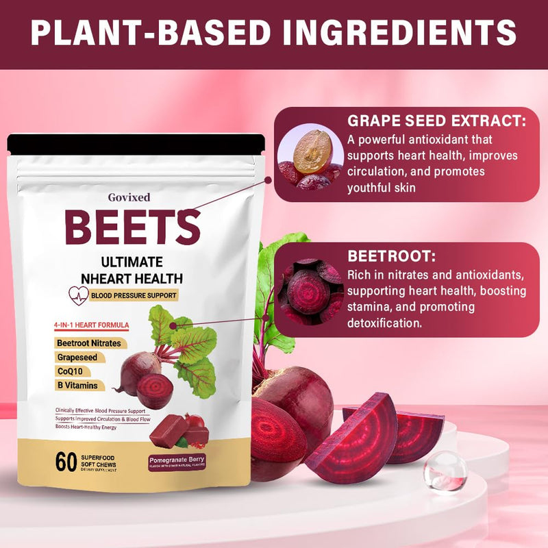 Beets Ultimate Heart Health Chews for Blood Pressure Support, with Beetroot Powder, CoQ10, B Vitamins & Grapeseed, Pomegranate Berry, 60 Soft Chews
