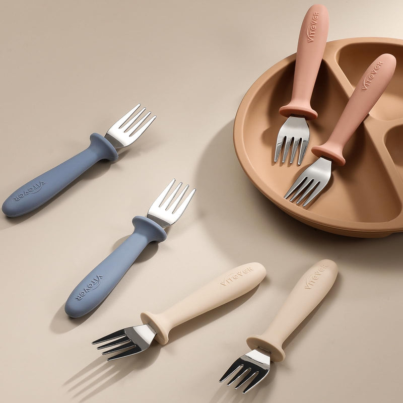 [Australia] - 6 Pieces Toddler ForksÔºåKids Safe Utensils Set with Silicone Round Handle for Self FeedingÔºå18/8 Stainless Steel Baby ForksÔºåChildren's Silverware Set BPA Free, Dishwasher Safe Red/Blue/White 