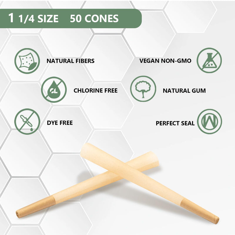 [Australia] - Pre Rolled Cones 1 1/4 Size 50 Pack, Natural Unbleached Cones Rolling Papers with W-shaped Tips, Slow & Even Burning Preroll Cones Packing Tubes Included for Party Gift (84mm) 50 Count 
