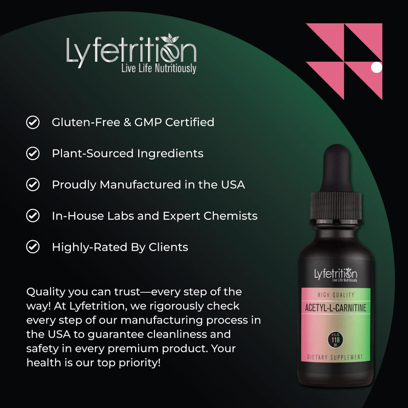Lyfetrition Acetyl-L-Carnitine Liquid Supplement 118 ml, 4 FL Oz Liquid, 220 Servings, Made in USA, Quick Absorption, Potent Ingredients, Non-GMO