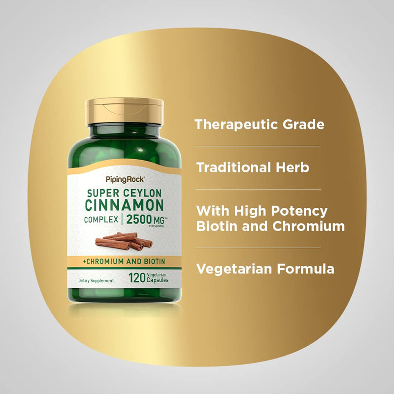 [Australia] - Piping Rock Ceylon Cinnamon Capsules | 2500mg | 120 Pills | Complex with Chromium and Biotin | Extract Supplement | Vegetarian, Gluten Free, Non-GMO 120 Count (Pack of 1) 