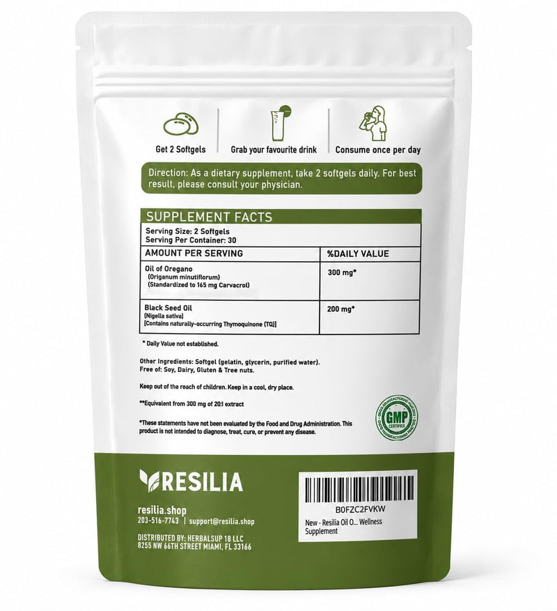 Resilia Oil Of Oregano Softgels with Black Seed Oil - 60 Softgels | Non-GMO, Gluten-Free and Soy-Free 60 Count (Pack of 1)