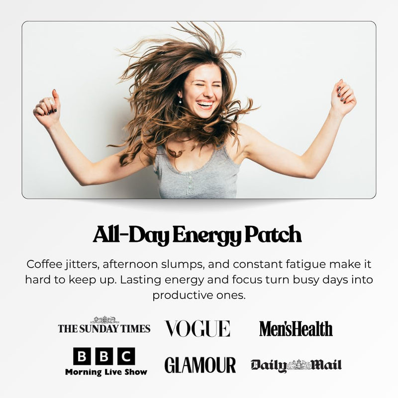 Advanced Energy Boost Patch for Tiredness, Fatigue, Alertness, Mental Focus | Caffeine, Taurine, Green Tea, Vitamin B3, B5, B6 & More | Vegan & Latex Free (Pack of 15)