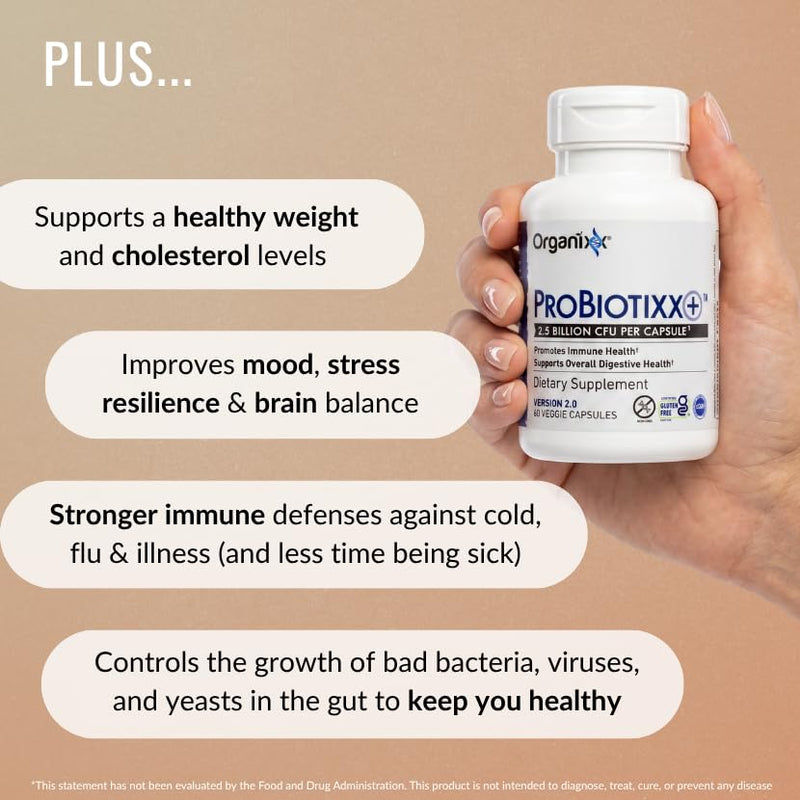 Organixx ProBiotixx+ Probiotic, 2.5B CFU Digestive Gut Health, 60cp | 2.5 billion CFU shelf-stable probiotics, supports digestive health, gut microbiome balance & immune function