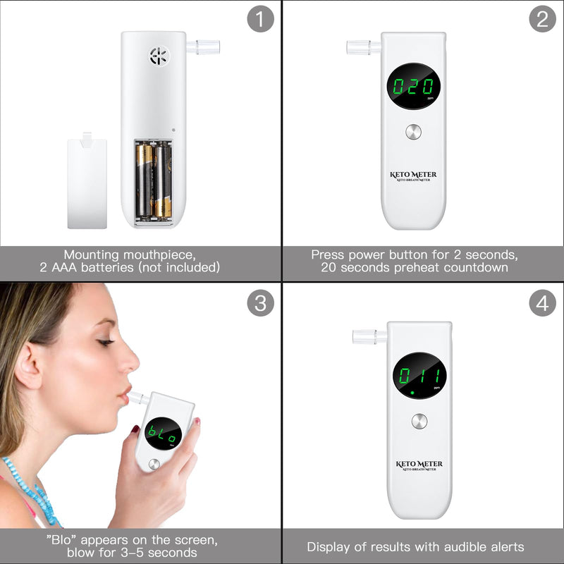 Home Ketone Breath Analyzer Professional Ketone Breath Monitors Tester Portable Ketone Breath Testing - Ketone Breath Meter for Testing ketosis with 10 Mouthpieces -Monitor Your Ketosis Status White