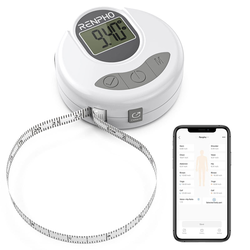 [Australia] - RENPHO Body Measuring Tape, Bluetooth Smart Tape Measure with Lock Hook & Retractable Function, Accurate Body Fat Measurement Device for Weight Loss, Muscle Gain, Fitness Bodybuilding, 60in /150cm 