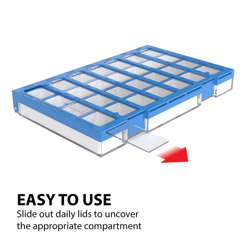 EZY DOSE Weekly AM/PM (7-Day) Daily Practidose Pill Planner, Medicine Case, Vitamin and Supplement Organizer, Large Easy Fill Compartments, 4 Times a Day, 28 Compartments, Clear Lids, Blue, BPA Free Large 12.25"x7.75"x1.5" (Pack of 1)