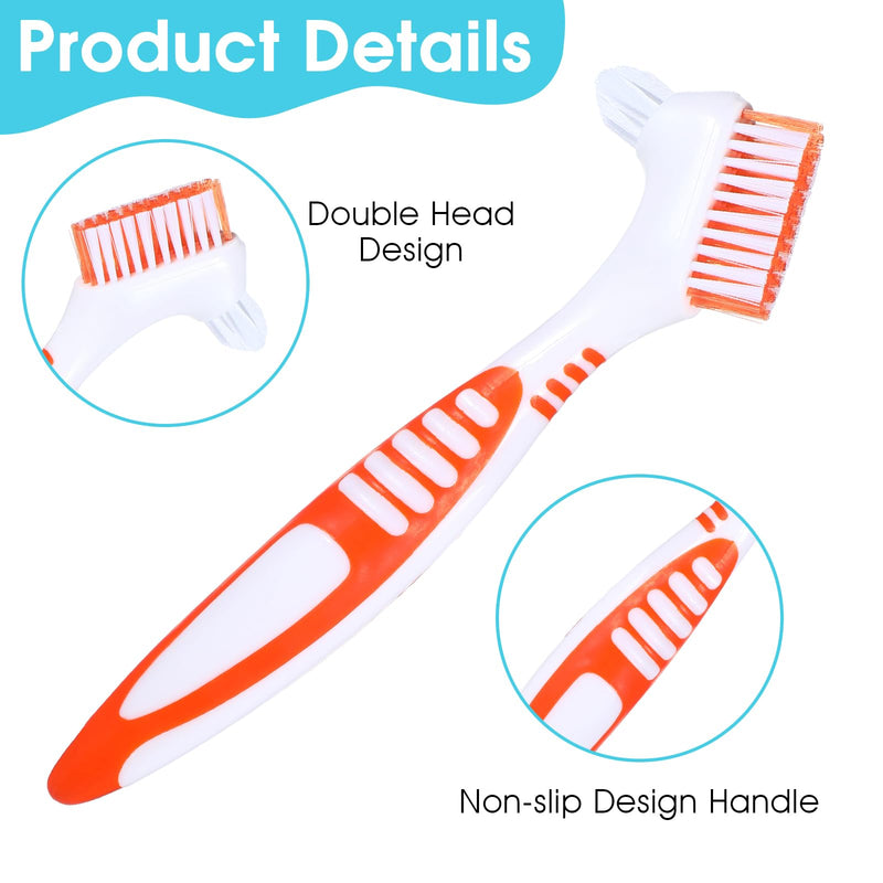 [Australia] - 2Pcs Denture Cleaning Brush Set, Denture Toothbrushes with Multi-Layered Bristles & Ergonomic Rubber Handle, White Carrying Case Orange & Blue 