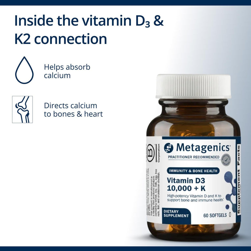 Metagenics Vitamin D3 and Vitamin K2 10,000 IU with MK-7- Vitamin D3 with K2 for Immune Support, Bone & Heart Health-Non-GMO, Gluten-Free-60 Softgels