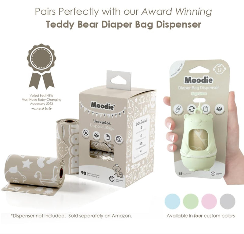 NEW Moodie Teddy Bear Diaper Bag Dispenser | Diaper Bag on the Go Dispenser w/Silicon Strap |15 UNSCENTED Diaper Disposal Bags per Roll | Diaper bag essential items (SAGE GREEN) Sage Green