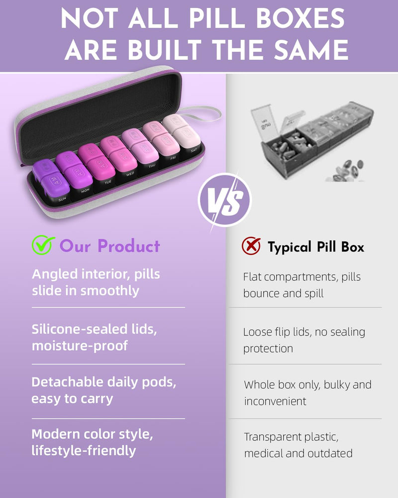 Weekly Pill Organizer 2 Times a Day, 7 Day Travel Medicine Pill Organizer with Moisture-Proof Silicone Lid, AM PM Daily Pill Box for Vitamins & Supplements, Aesthetics Pill Case(Purple) Purple