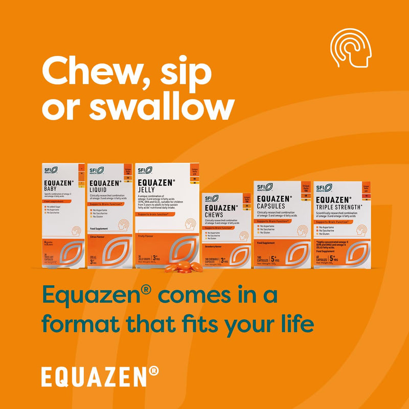 Equazen® Omega 3 & 6 Chews for Kids, Brain & Cognitive Support, DHA, EPA & GLA, Clinically Researched 9:3:1 Formula, Strawberry Flavour, Halal Certified, Age 3+, 60 Pack