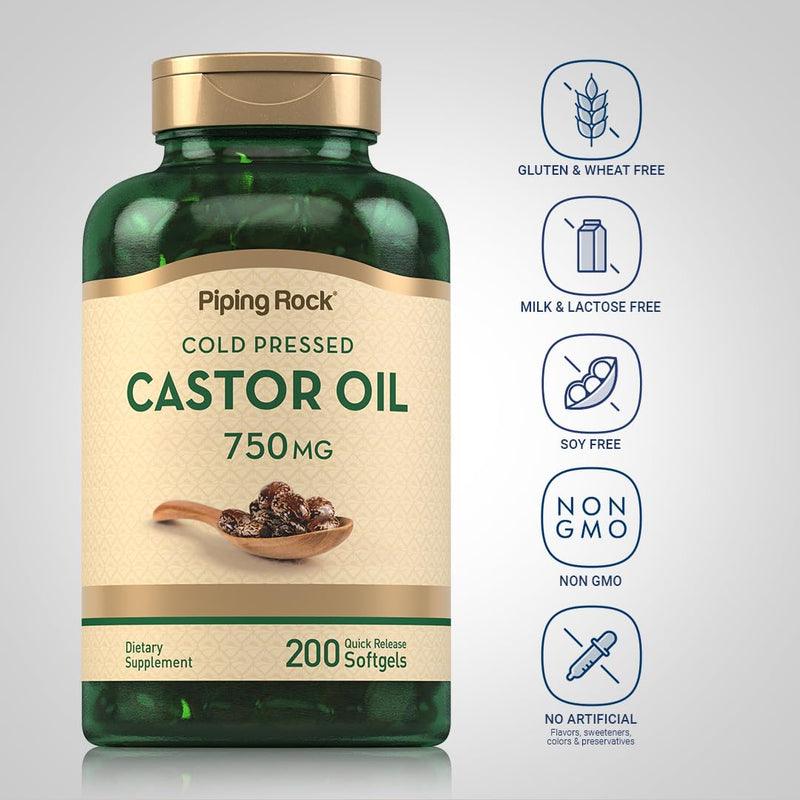 [Australia] - Piping Rock Castor Oil Softgel Capsules 750mg | 200 Count | Cold Pressed | Non-GMO, Gluten Free Supplement 