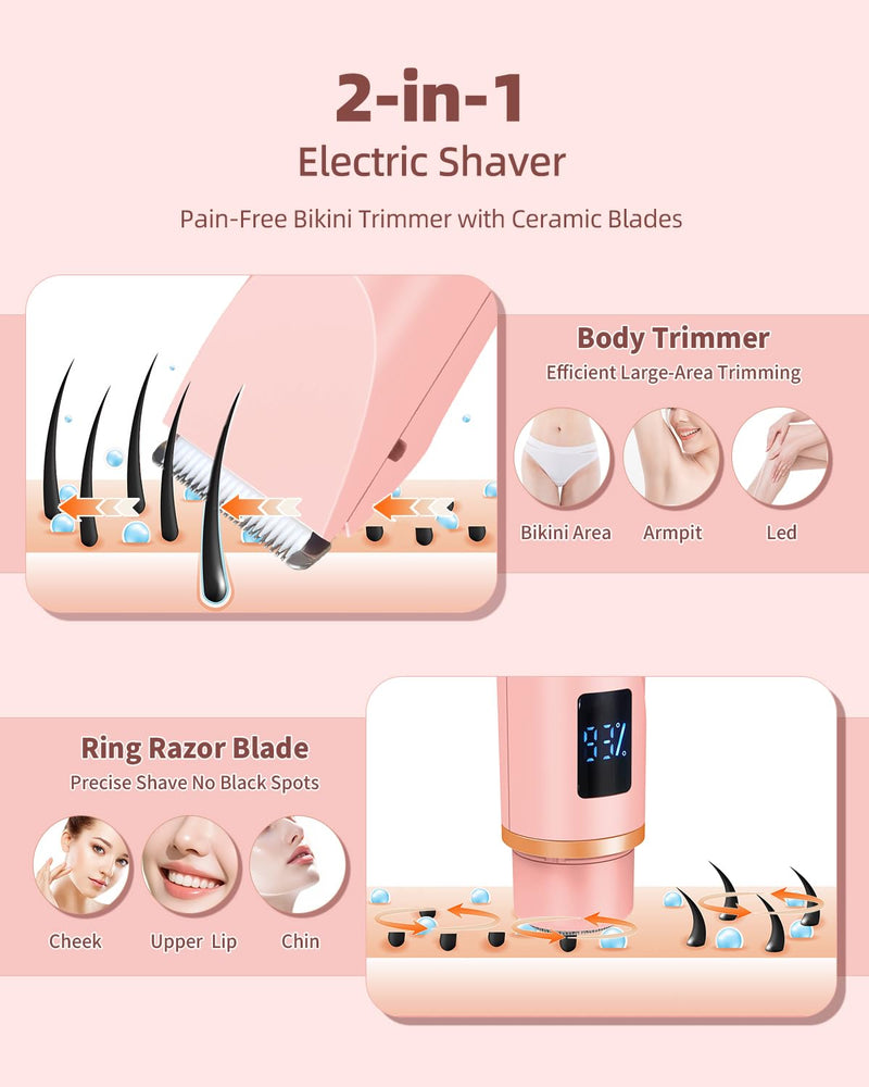 [Australia] - Bikini Trimmer for Women,Dual Head Electric Shaver with Hypoallergenic Ceramic Blades,Waterproof Bikini Razors with Cordless USB Rechargeable Led Display,for Armpit Leg Body Facial Wet & Dry Use,Pink Pink 