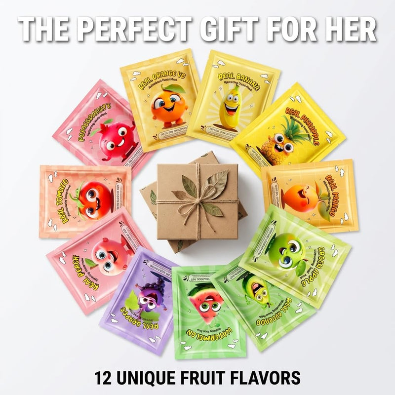 Fruit Face Masks, 12 Pack Face Masks Spa Set – Natural & Organic Hydrating Sheet Masks with Vitamin C, E for Brightening, Vegan Skincare Gift for Women/Men, Spa Day at Home