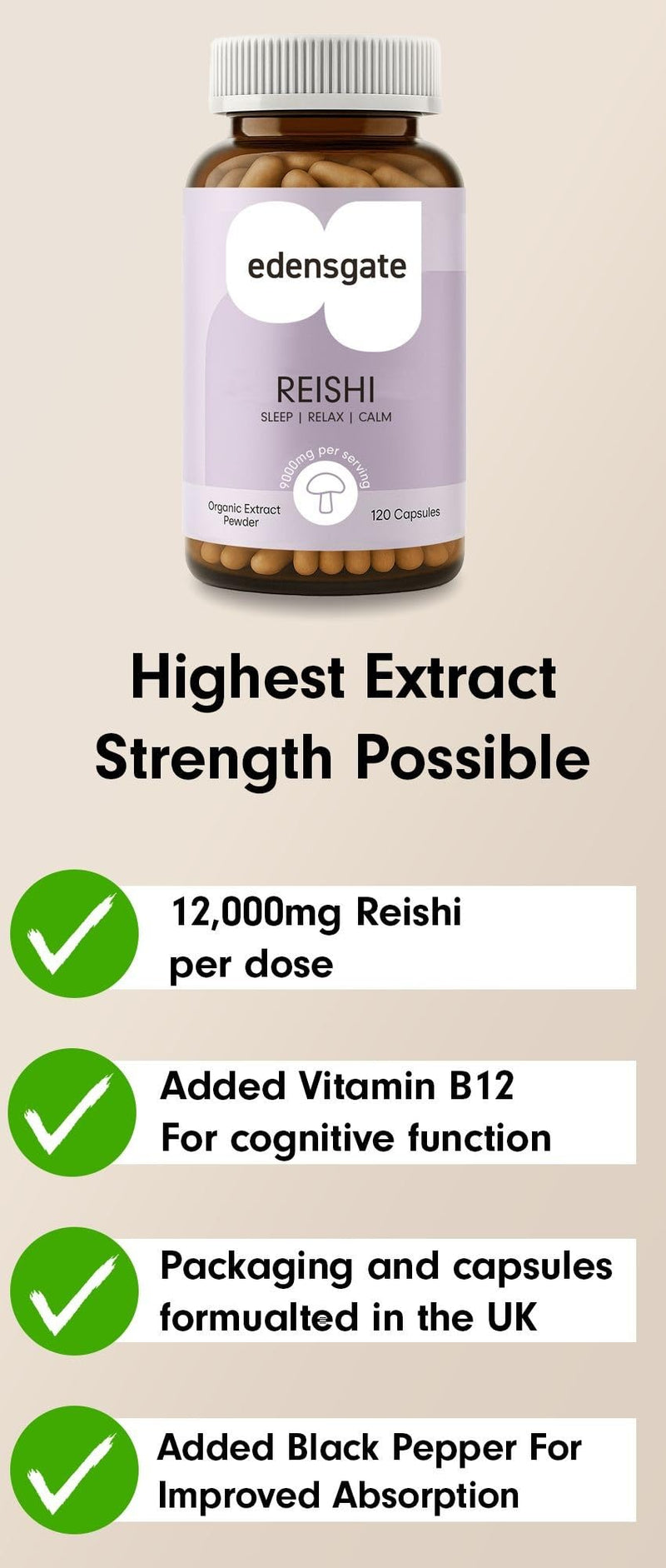 Edensgate Reishi Extract Capsules – Reishi Mushroom Supplement | Concentrated Extract Formula | Vegan Friendly | Daily Balance & Wellness Support | 120 Capsules Edensgate Reishi Extract Capsules x 120