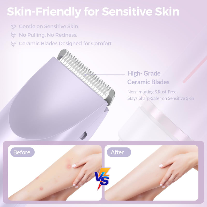 [Australia] - Bikini Trimmer for Women – 2-in-1 Electric Razor with Dual Heads, Ceramic Blades, Wet & Dry Use, USB Rechargeable, Skin-Friendly Shaver for Bikini Line, Underarms & Sensitive Areas – Lavender Purple 