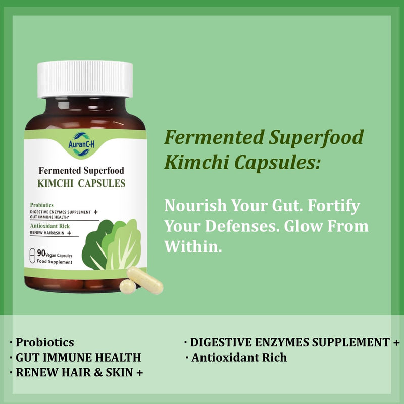 Daily Capsules of Premium Fermented Kimchi - Kimchi Powder 90 Vegan Capsules Natural Nutritional Supplement - Probiotics for Gut Health & Immune Support – Enhance Energy, Focus, Skin and Hair Health