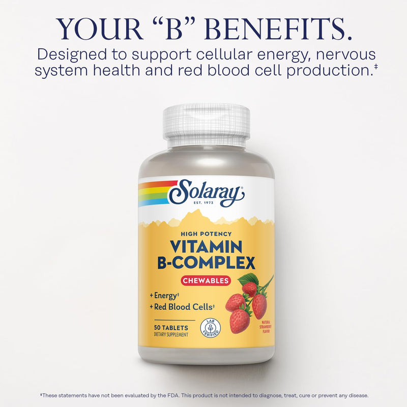 SOLARAY Vitamin B-Complex Chewables, Strawberry, Healthy Energy, Red Blood Cell, Stress & Metabolism Support, 50 Tablets (Pack of 2) 50 Count (Pack of 2)