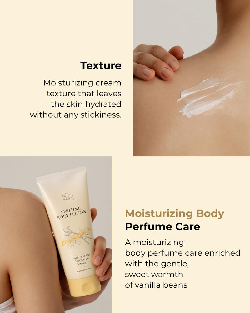 BOM Chiffon Vanilla Perfume Body Lotion 6.76 Fl Oz, Vanilla Scented Body Cream with Hyaluronic Acid, Niacinamide & Vitamin C, Long-Lasting Moisture & Fragrance, Non-Sticky & Smoothing, Korean Skincare