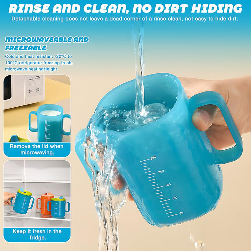 2 PCS Elderly Spill Proof Cups, 280 ml Unspillable Cup with 2 Handles, Elderly Drinking Cup, Feeding Cup Drinking Cup with Lid and Straw, Adult Sippy Cups for The Elderly Non Spill (Blue) Blue(2pcs)