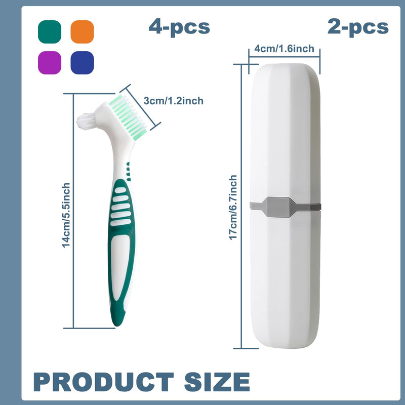 4 Pieces Dual Sided Denture Brush with 2 Case, False Teeth Denture Toothbrush, Dental Cleaning Brush for Retainer Brace with Multi-Layered Soft Bristles and Anti-Slip Handle (5 Colors)