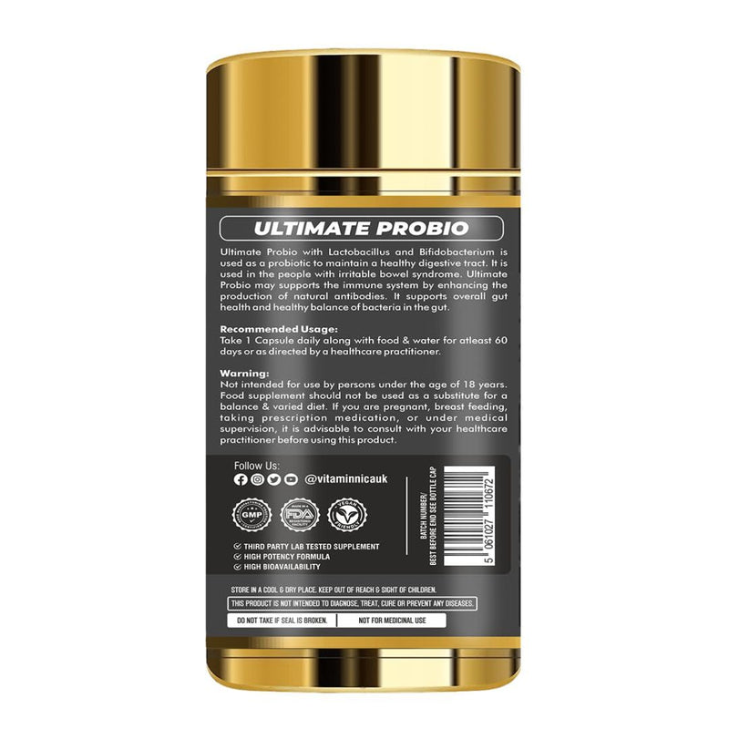 Vitaminnica Vita Ultimate Probio 100 Billion | Advanced Probiotic Blend for Gut Health, Digestive Support & Immune System Boost | 60 Capsules