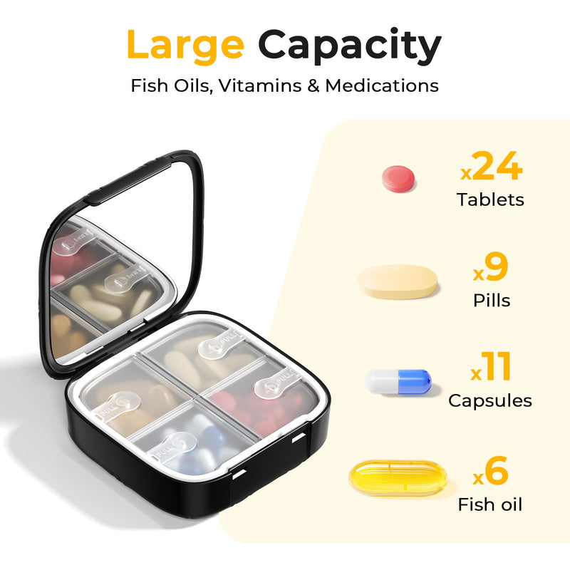 Daviky Compact Pill Organizer with Built-in Mirror, Purse Travel Pill Box | Easy Open, Compact Design, Purse-Friendly, Portable Travel, One-Hand Operation, Daily Vitamins & Supplements Black