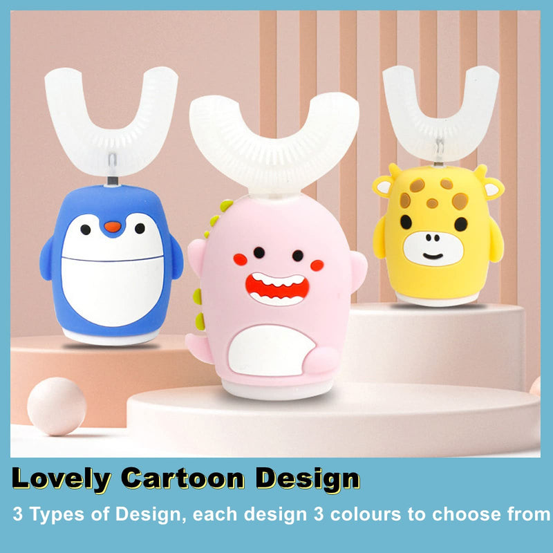 Kids Sonic Electric Toothbrush U Shaped Automatic Timer IPX7 Waterproof 5 Modes 360° Oral Cleaning Teeth Whitening Gums Massage Replaceable Soft Cartoon for 7-15 (Pink Cow) Pink Cow