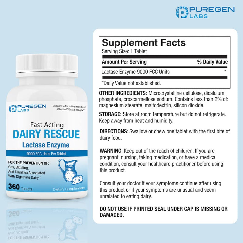 [Australia] - Puregen Labs Dairy Relief Fast Acting Lactase Enzyme 9000 FCC, Lactose Intolerance Pills 360 tablets 1 