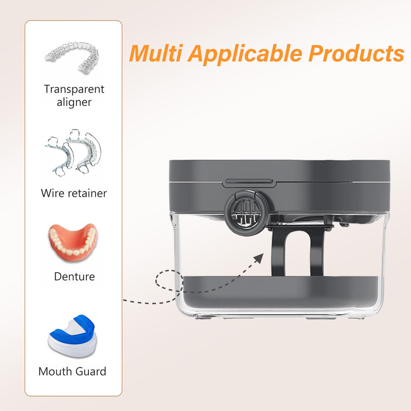 [Australia] - Retainer Case,Denture Case Retainer Cleaning Case, No-Leak Denture Bath Box Cup, Complete Clean Care for Dentures, Mouth Guard, Night Guard & Retainers with Mirror,Hook,Bite adhesive and Brush(Grey) Grey 