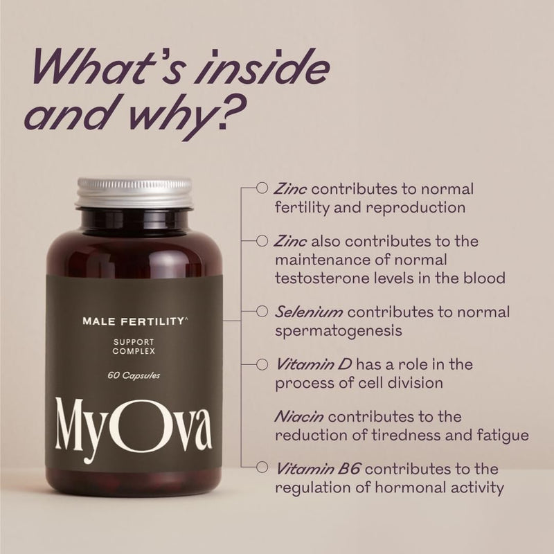 MyOva Male Fertility Supplements - Enhances Sperm Quality, Count & Hormonal Balance - Supports Conception for Men - Includes Zinc, Selenium, Vitamins C, D, E - 60 Capsules 1 count (Pack of 60)