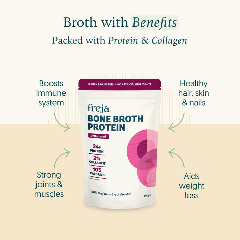Freja Bone Broth Powder | 100% Natural Collagen & Protein Powder | Pure Beef, Grass-Fed | Amino Acids & Minerals | Nutrition for Healthy Gut, Skin, Hair & Nails | 300g (15 Servings)