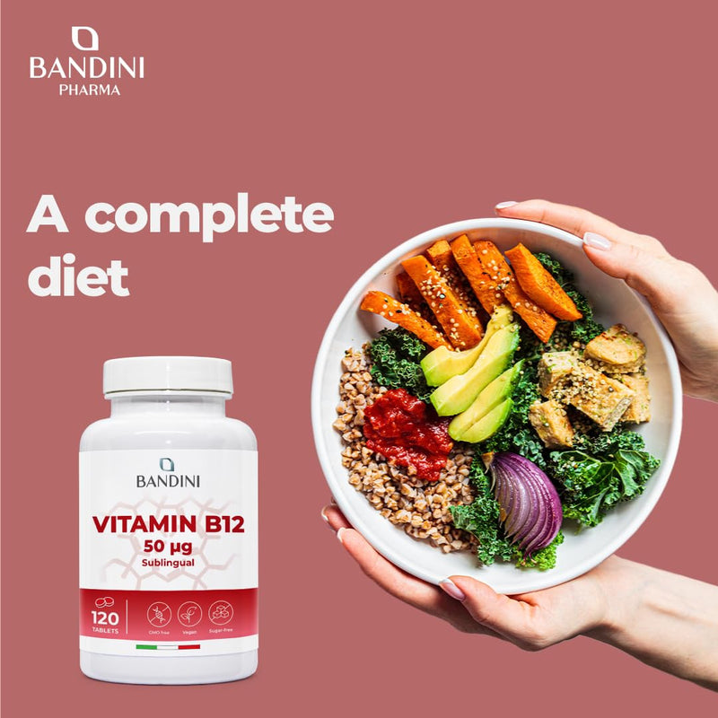 Bandini® Vitamin B12-120 High Strength Sublingual Tablets - Cyanocobalamin 50µg - VIT B-12 Supports Energy, Metabolism, Reduces Tiredness & Fatigue - for Vegetarian & Vegan, Non-GMO Supplement