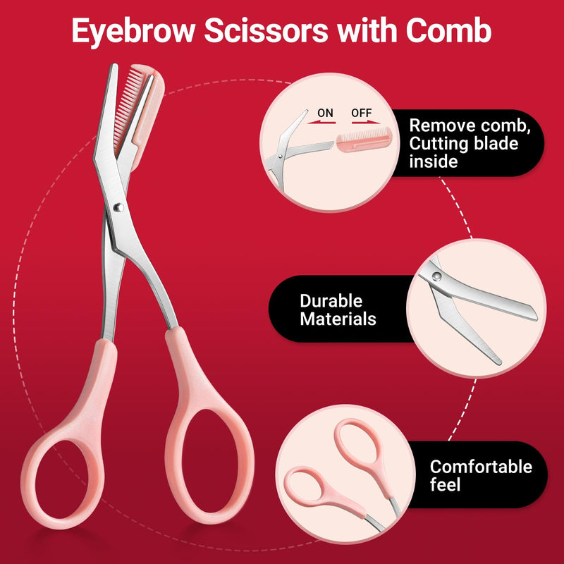 TsMADDTs Tweezers for Women Facial Hair, 8 in 1 Eyebrow Kit with Tweezers, Eyebrow Trimmer Scissors, Razor, Brush with Travel Bag, Hair Plucking Daily Beauty Tools A-pink