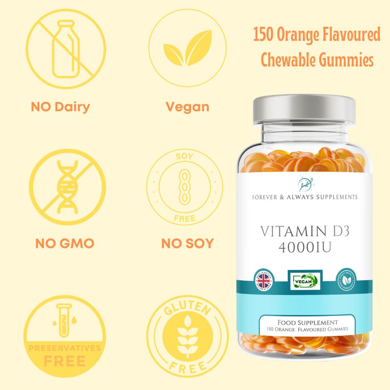 Vitamin D3 4000iu - High Strength 100μg - 5 Months Supply Orange Flavour Gummies - Vitamin D Supplement Teeth, Bone, Muscles & Immune System Support