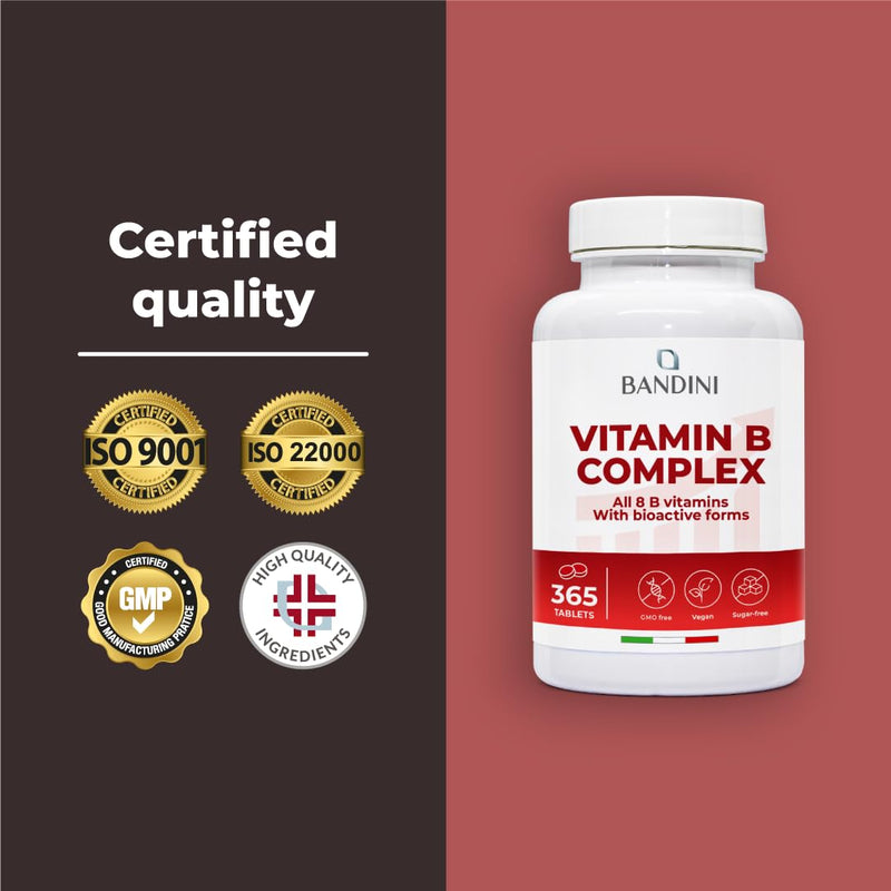 Bandini® Vitamin B Complex High Strength | 365 Vegan Tablets (1 Year Supply) | Blend of 8 B Vitamins with Folic Acid, Biotin, B1, B2, B3, B5, B6, B12 | Reduces Tiredness & Fatigue | Immune Support 365 count (Pack of 1)