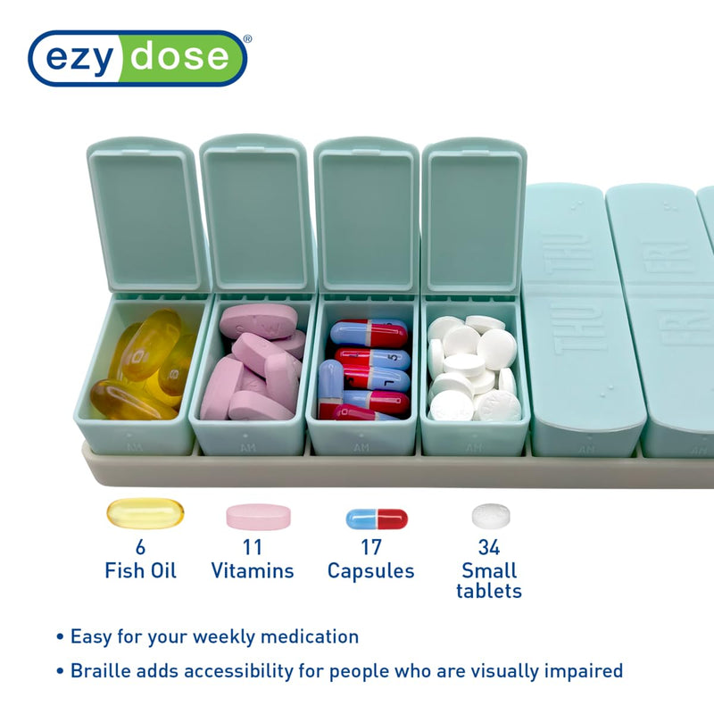 Ezy Dose Weekly (7-Day) AM/PM Pill Organizer, Large Medicine Planner, Teal | Daily Vitamin & Supplement Medicine Case, Pop Up Removable Compartments, Embossed Matte Design, Travel-Friendly, BPA-Free