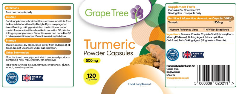 Grape Tree Turmeric Powder Supplement 500mg 120 Capsules. 4 Month Supply. Pure Turmeric Supports Joint Comfort, Flexibility, Mobility & Digestion