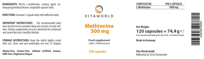 Vita world methionine 500 mg l 120 Capsules l 1000 mg l-methionine per dose l Vegan l Amino Acid