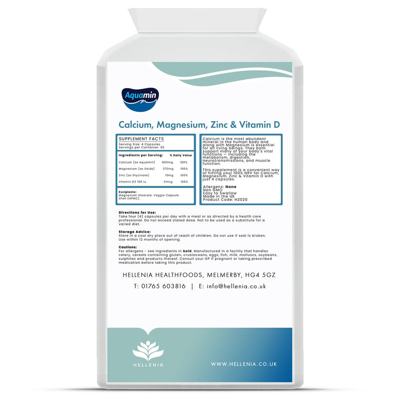 Calcium, Magnesium, Zinc & Vitamin D3 Supplement - 120 Capsules | for Bones, Teeth & Muscle Function | Easy to Swallow Capsules | Immune Booster | Vegan Friendly - Made in the UK by Hellenia